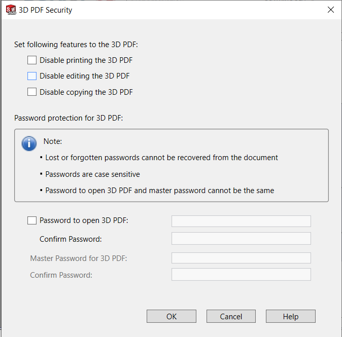 SOLIDWORKS MBD 3D PDF Security Options