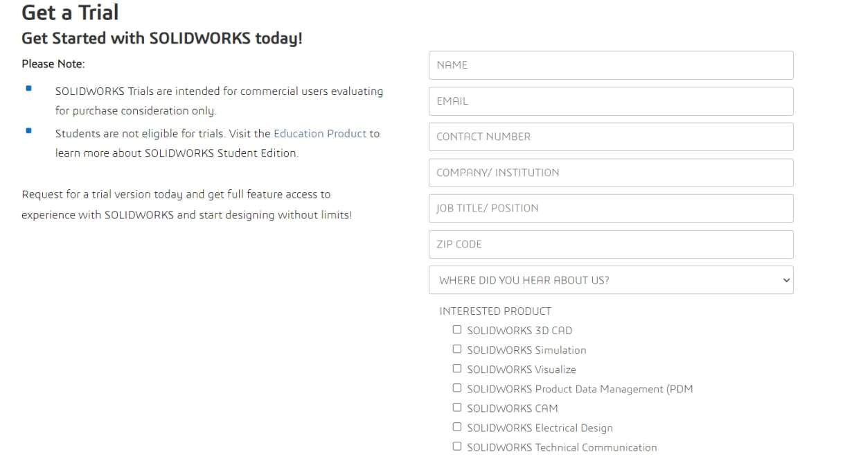 Get a trial sign up form